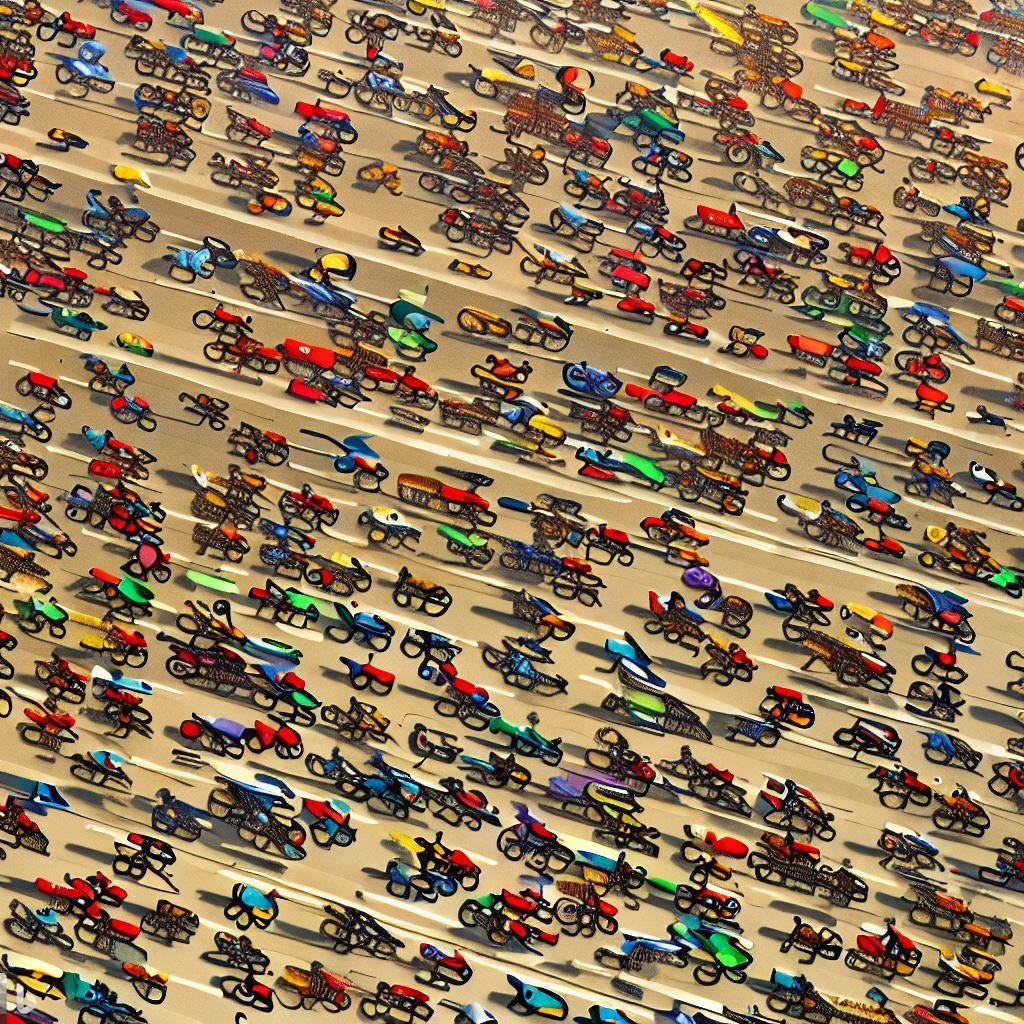 birds-eye view of a freeway covered in bikes, no cars, in the style of a Farside Comic