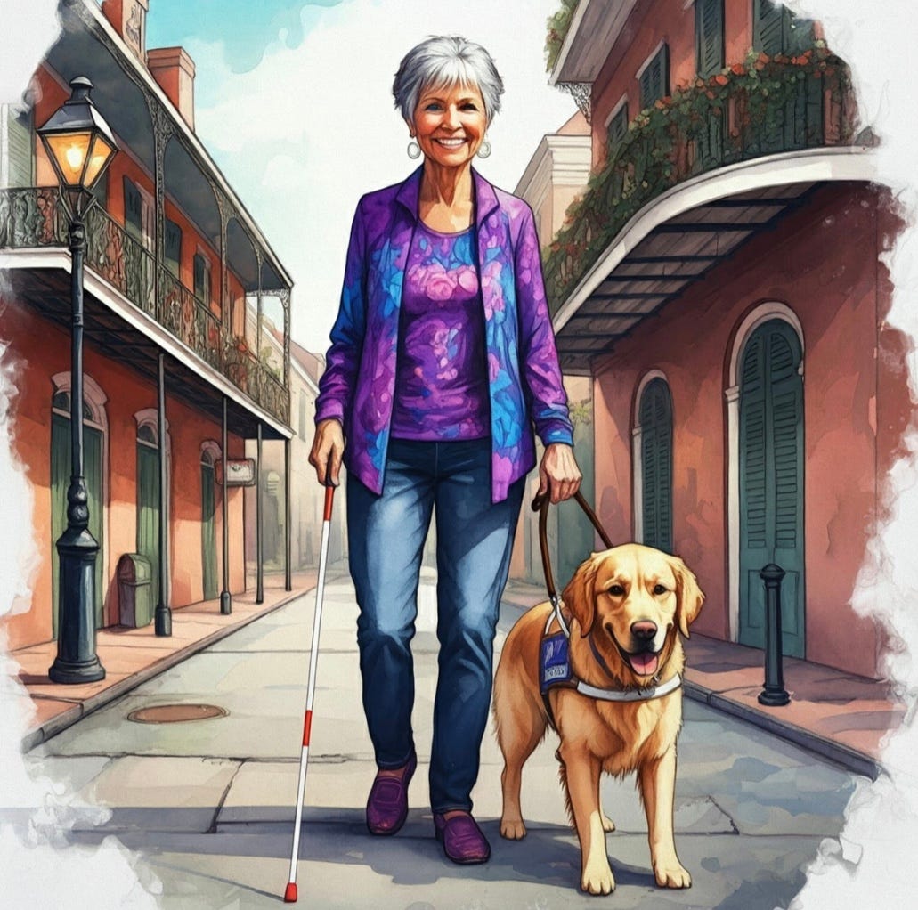 Image of blind woman with white cane and guide dog in New Orleans