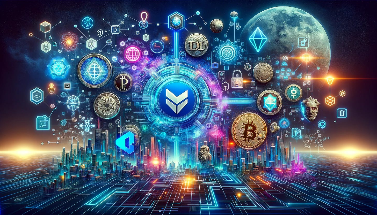 Imagine a dynamic 16:9 montage that captures the essence of a futuristic newsletter focused on blockchain and Web3 technologies. This digital landscape seamlessly integrates the following elements: 

1. A luxury watch or piece of artwork with a digital, holographic overlay, representing the tokenization of luxury collectibles on the Polygon blockchain. The Polygon logo should be subtly integrated. 

2. The PayPal logo morphing into a stylized DeFi platform or network, symbolizing the integration of PayPal's PYUSD stablecoin with the decentralized finance world. The transition should be smooth and depict a fusion of traditional and decentralized finance. 

3. The Cardano logo at the center, surrounded by various decentralized applications (DApps) icons or visual metaphors for finance, social media, and other applications, illustrating a vibrant ecosystem and its potential growth in 2024. 

4. The background is a futuristic, neon-lit digital cityscape or matrix, tying all elements together, showcasing the cutting-edge nature of blockchain and Web3 technologies. The montage should be visually striking, with a balance between realism and artistic abstraction, highlighting the interconnectedness of these technologies and their impact on the future.