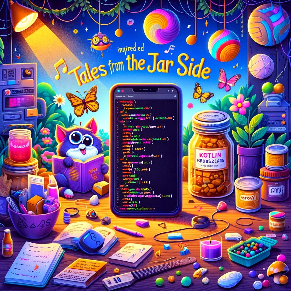A whimsical and tech-themed illustration inspired by the non-copyrighted song lyrics related to a personal YouTube channel, 'Tales from the jar side'. The image should depict a vibrant and engaging scene featuring elements like Java, Kotlin, Spring, Groovy, and Gradle. The setting is a fun and colorful representation of a coding environment, with hints of design patterns and the latest tech trends. Visual cues like code snippets, programming jars, and a sense of adventure should be included to reflect the spirit of exploring and cracking open code.
