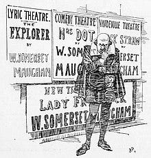 drawing of Shakespeare in front of theatre posters for four different plays by Maugham all running in the West End