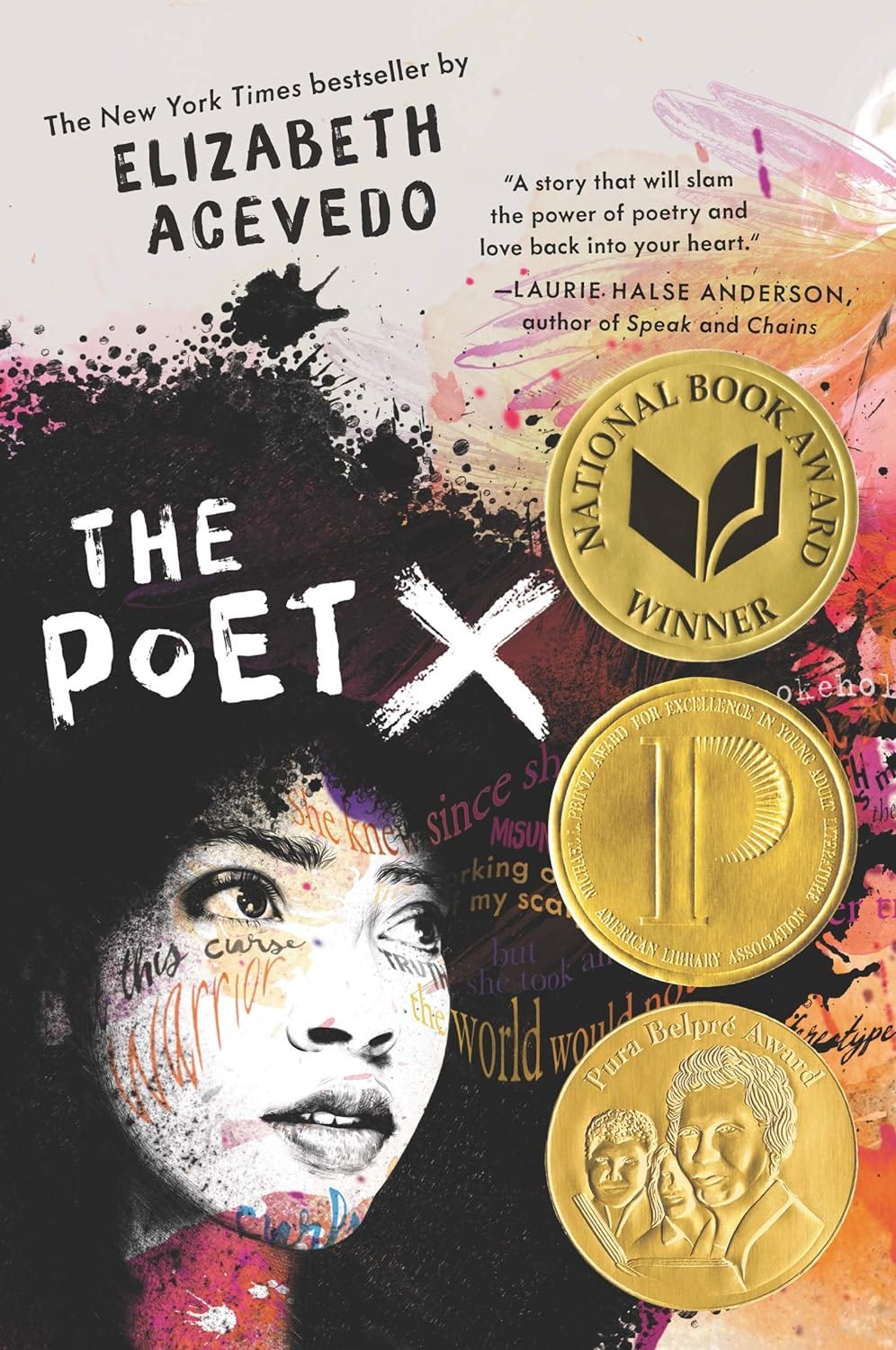 The book cover of teh YA novel in verse “The Poet X” with the face of a Latina.