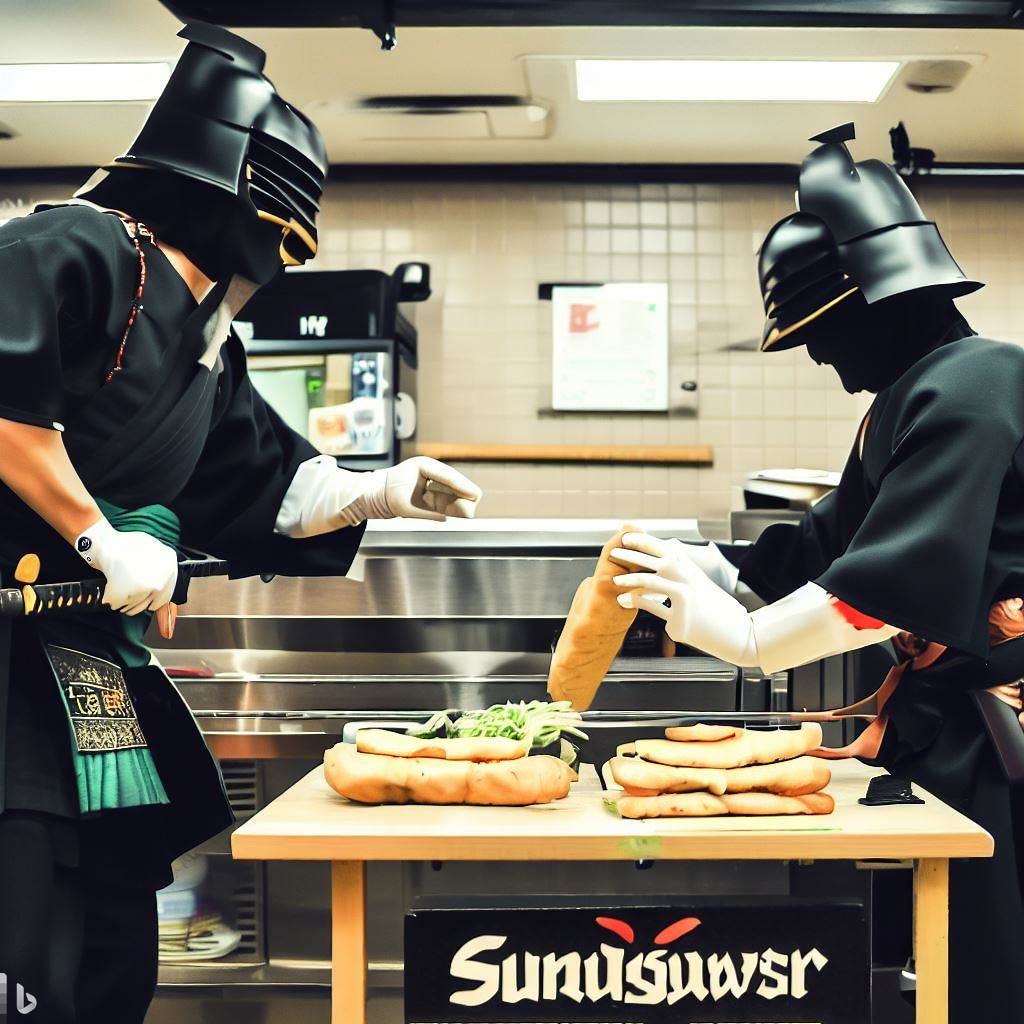 samurai and a ninja making sandwiches at a subway sandwich shop
