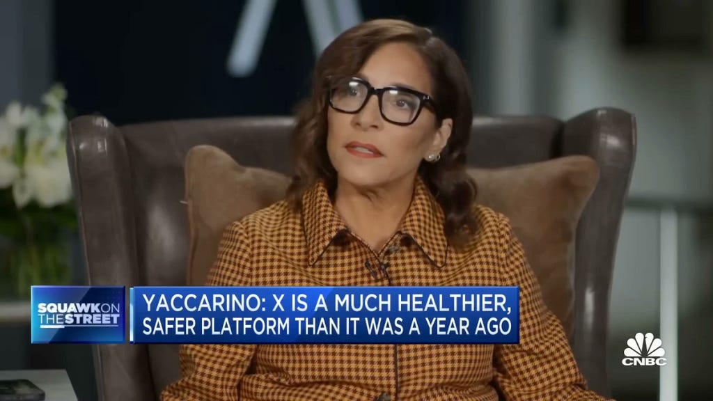 Linda Yaccarino on CNBC says "X is a much healthier, safer platform than it was a year ago."