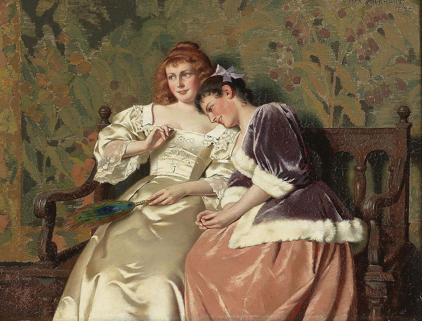 Painting of two female friends. One is resting her head on the other's shoulder.