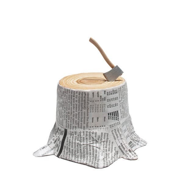 An illustration of a tree stump made out of newspaper. 