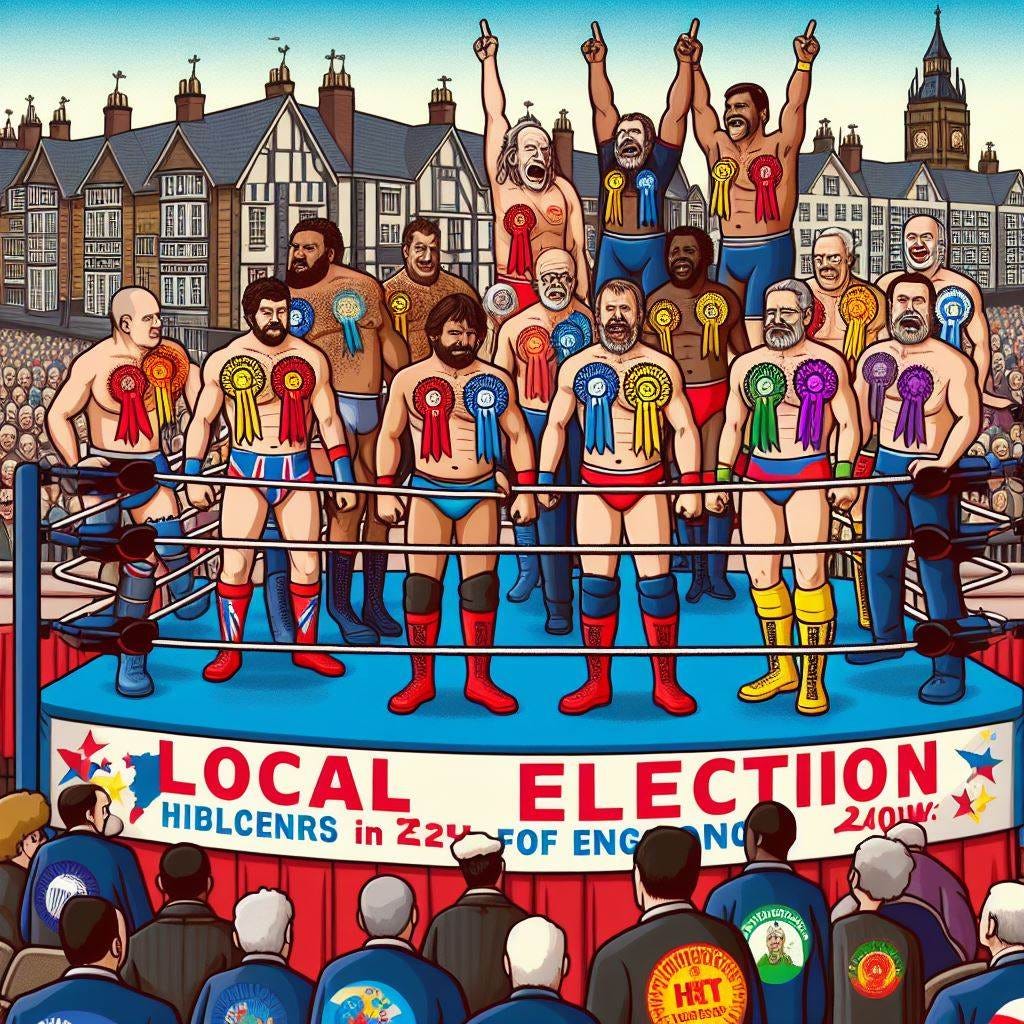 Local elections of 2024 in England depicted as a WWE style royal rumble with different parties' politicians in the ring wearing rosettes and various symbols of places holding elections in the background