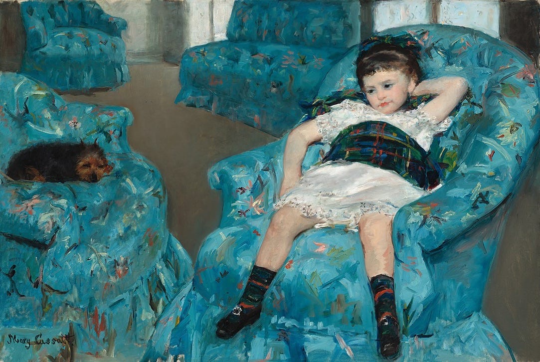 Mary Cassatt Little Girl in a Blue Armchair (1878) - The painting has four blue armchairs. The armchairs have white and pink floral type design patterns. There are two armchairs in the background and two in the foreground. On the left armchair in the foreground is a small black and brown sleeping dog. On the right arm chair is a little girl in a white dress. She appears to have tartan socks, a tartan bow in her hair and there’s a piece of tartan fabric I think part of her dress around her middle. She has her left hand holding up her head and is sitting in a way that a child would sit. She looks quite bored. 