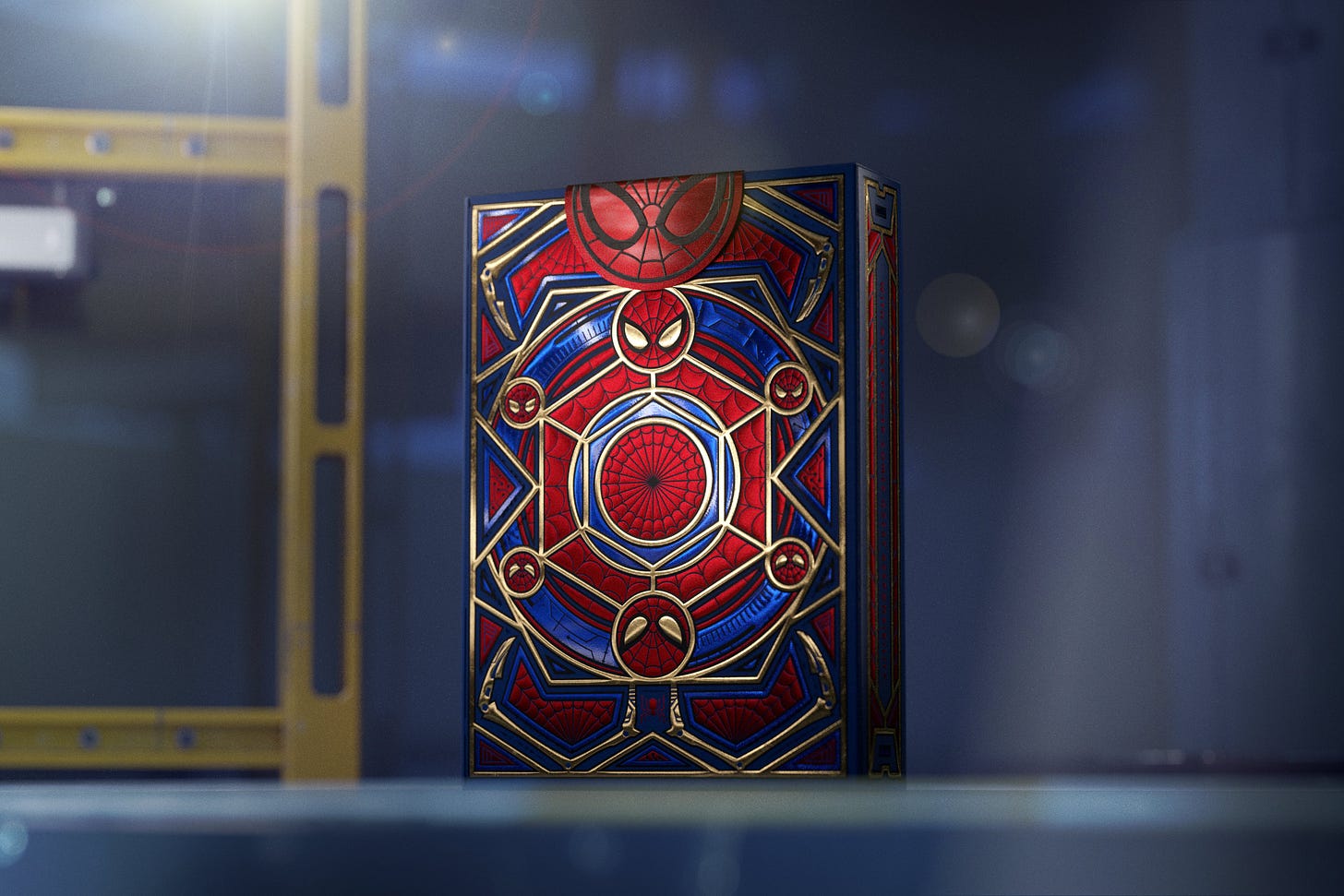 Red, blue and gold tuck case decorated with a Spider-Man-inspired pattern