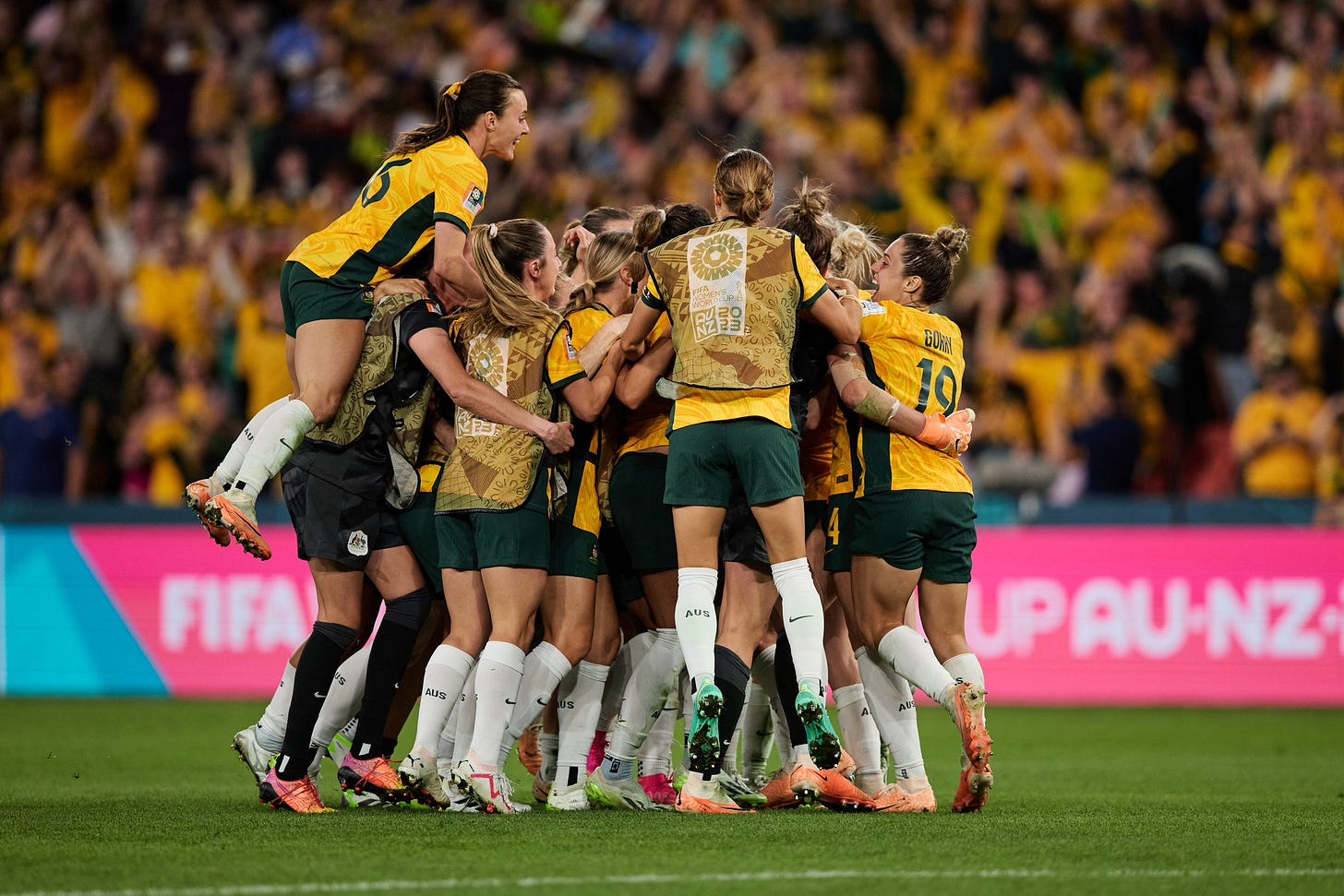 The Matildas celebrate after beating France on penalties in the Women's World Cup quarterfinals