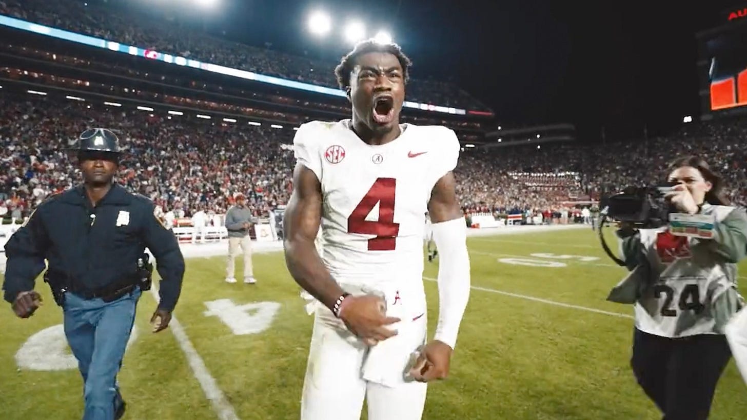 Video shows Jalen Milroe going nuts after Alabama's Iron Bowl win