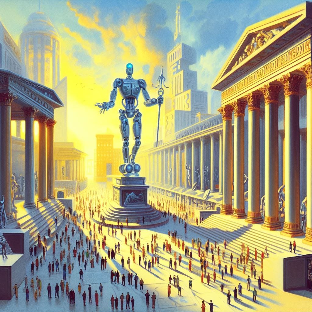 a painting of conceptual art of a scene of the democratic forum in a utopian futuristic world. Put the statue of a robot God in the middle