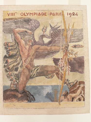 Affiche au concours pour la promotion des JO de 1924, signée du sculpteur antoine Bourdelle