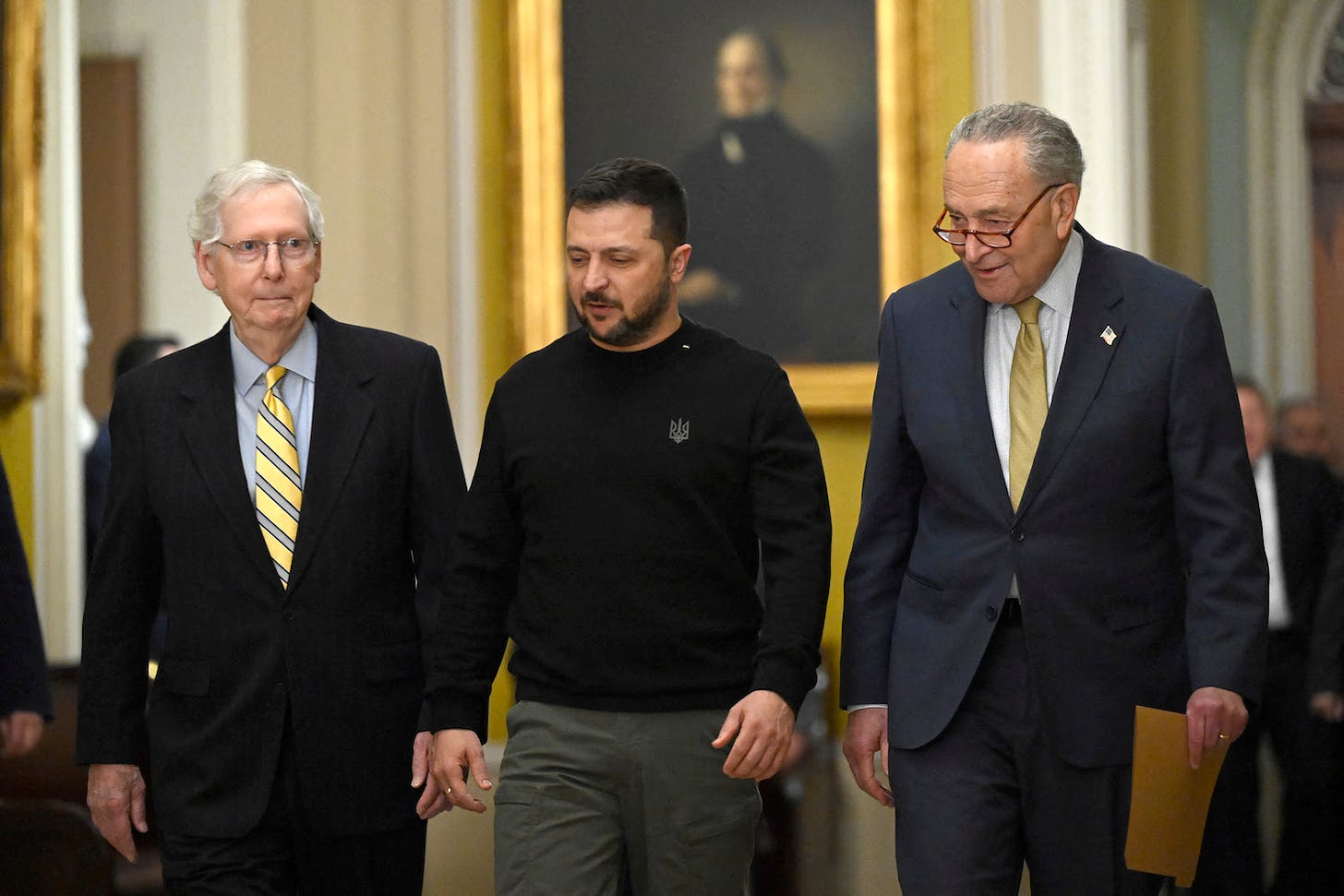 U.S. Senate Minority Leader Mitch McConnell, Ukrainian President Volodymyr Zelensky, and Senate Majority Leader Chuck Schumer arrive at Capitol Hill.