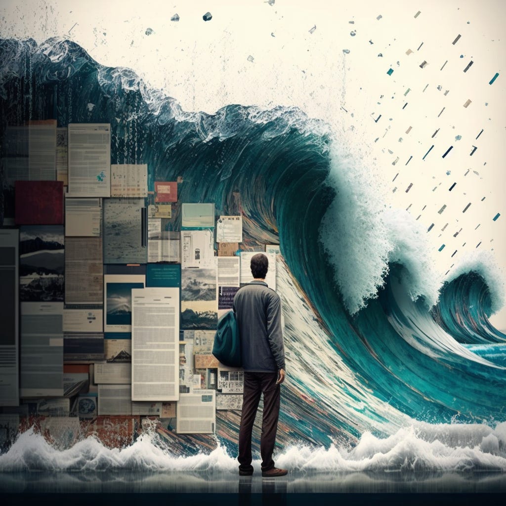 A man standing in front of a tidal wave of information, courtesy Midjourney