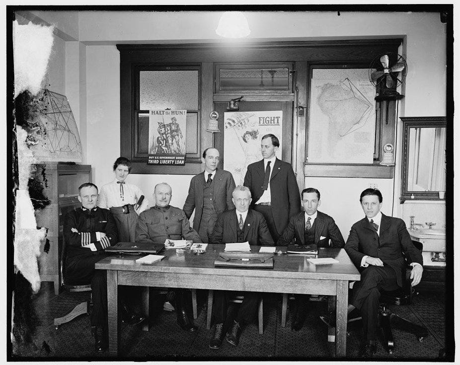 The censorship board. George Creel is seated at far right. Harris & Ewing/Library of Congress. Source