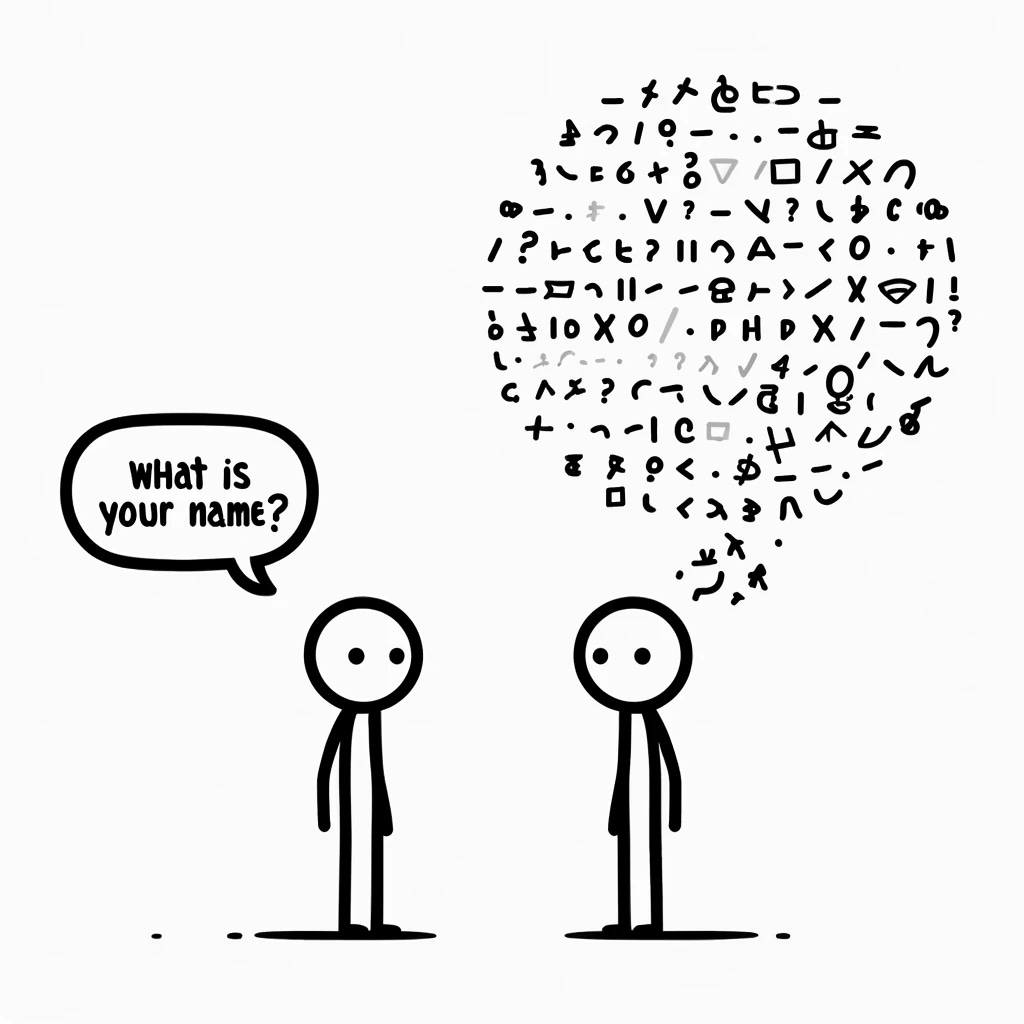 A simple stick figure scene depicting two individuals engaged in a conversation about data privacy. One stick figure asks the other, 'What is your name?' The other responds with a speech bubble full of nonsensical symbols, illustrating a garbled, unintelligible reply. The style is clean, minimalist, resembling the simplistic line art used by Tim Urban. Include clear and distinct speech bubbles for the dialogue.