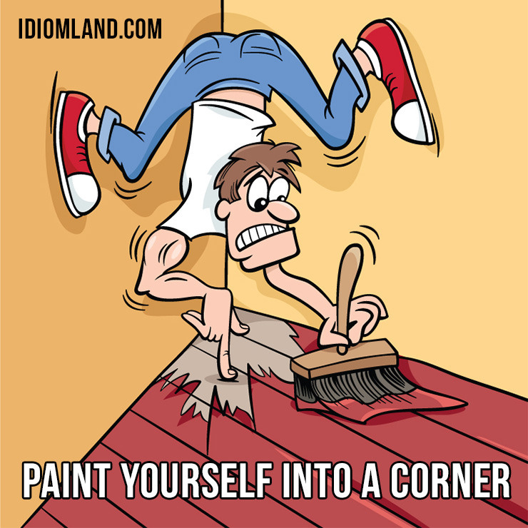 “Paint yourself into a corner” means “to do something which puts you in a very difficult situation”.
Example: They’ve painted themselves into a corner by promising to announce the results of their investigation.