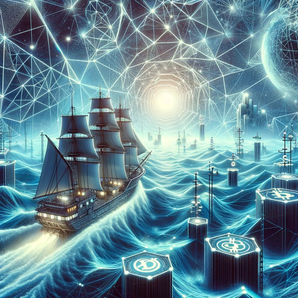 An image symbolizing the concept of 'Navigating Regulatory Waters' in the context of cryptocurrency and blockchain technology. The artwork features a futuristic ship sailing through a vast digital ocean, with intricate patterns representing blockchain networks and data streams. The sea is filled with symbolic obstacles and navigational aids, like buoys and lighthouses, representing various regulations and compliance measures. The atmosphere of the image is one of cautious progress and strategic maneuvering, embodying the challenges and opportunities faced by the crypto industry in navigating the complex regulatory environment. The ship is adorned with cryptocurrency symbols, illustrating the industry's journey through regulatory challenges to achieve mainstream acceptance and integration.