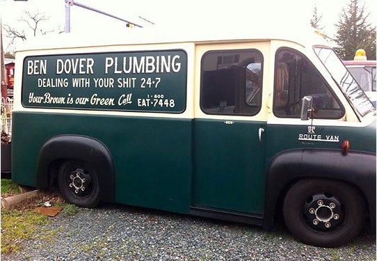 Ben Dover plumbing funny plumber business name on van