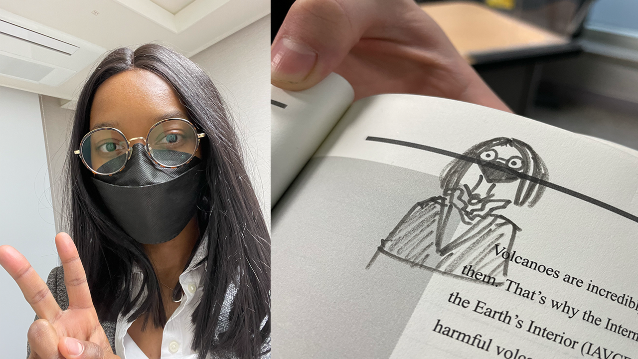 A photo of Kat Lewis, a Black woman, wearing a white button down and blazer. She is also wearing huge round glasses and a black face mask. Next to the photo is a hilariously perfect caricature drawn in pencil by an eleven-year-old.