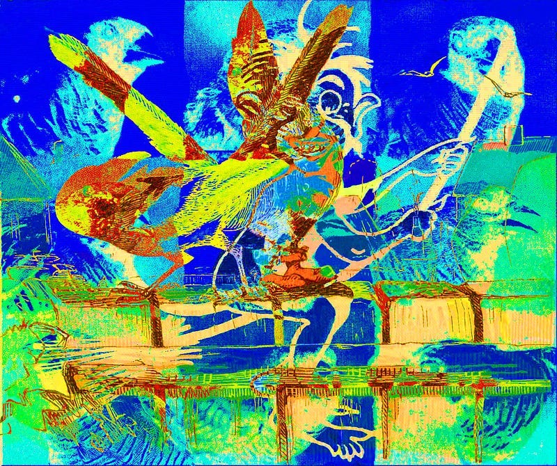 Collage artwork of birds by Jakob Zaaiman but the poem is not really about them.