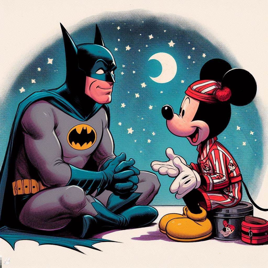 batman in pijamas talking with mickey mouse, in american comics drawing style 