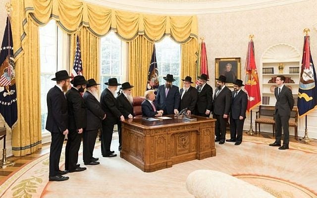 Illustrative: A delegation of rabbis from the Lubavitch-Chabad movement visit President Donald Trump in the Oval Office on March 27, 2018. (White House)