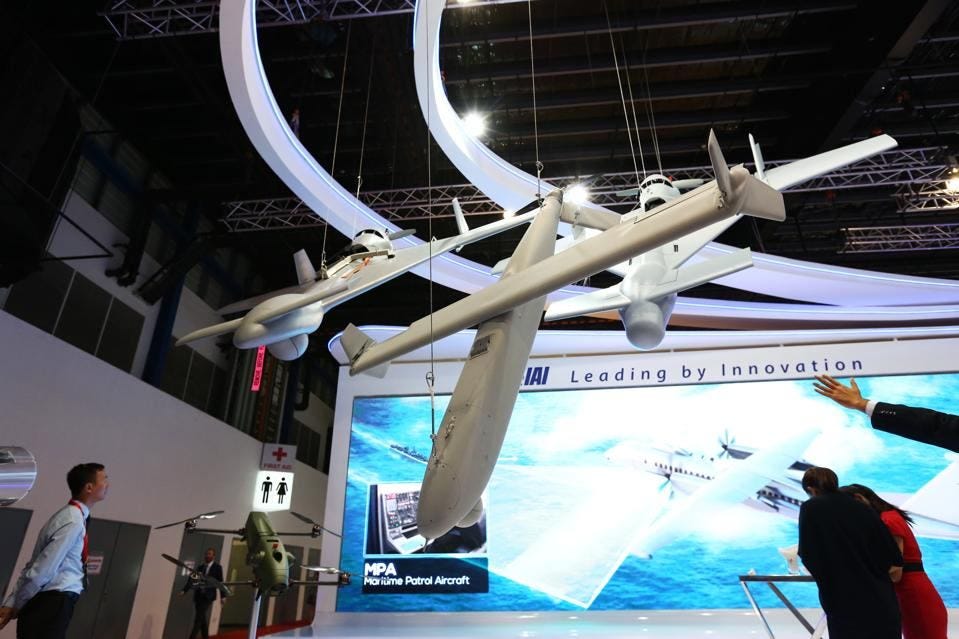 Unmanned aerial vehicles (UAV) hang on display at the Israel Aerospace Industries Ltd. Photographer:... [+] SeongJoon Cho/Bloomberg