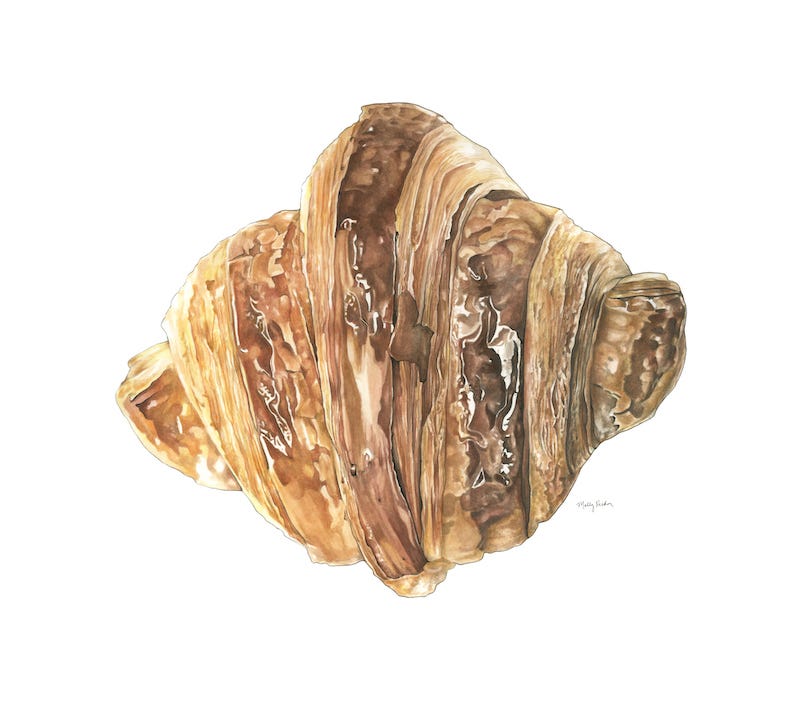 A watercolor painting of one single croissant, on a large scale