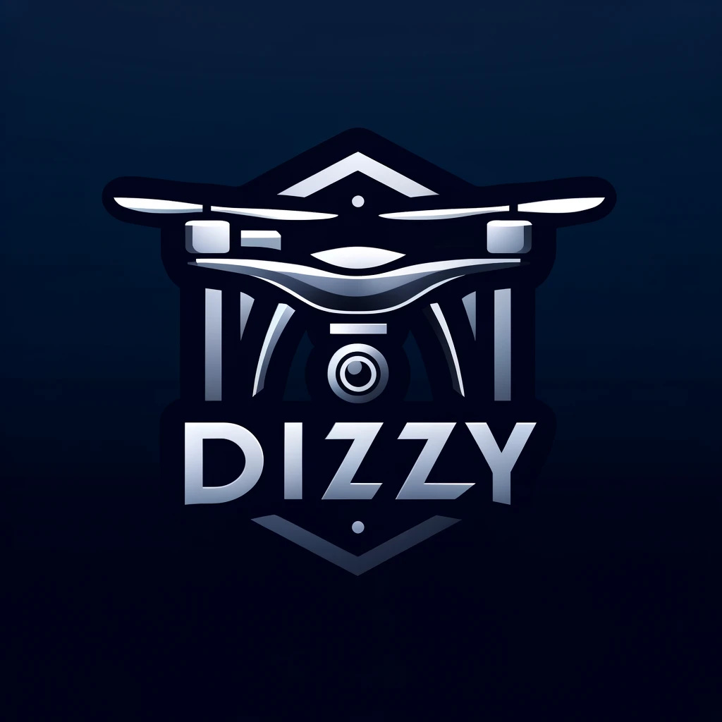 A sleek and modern logo for a drone video production company called 'Dizzy'. The logo should feature a stylized drone silhouette with clean lines and angles, representing drone videography. The typography should be a modern and elegant font for the company name 'Dizzy', conveying sophistication and professionalism. The color scheme should include deep blue and metallic silver to evoke feelings of luxury, professionalism, and innovation.