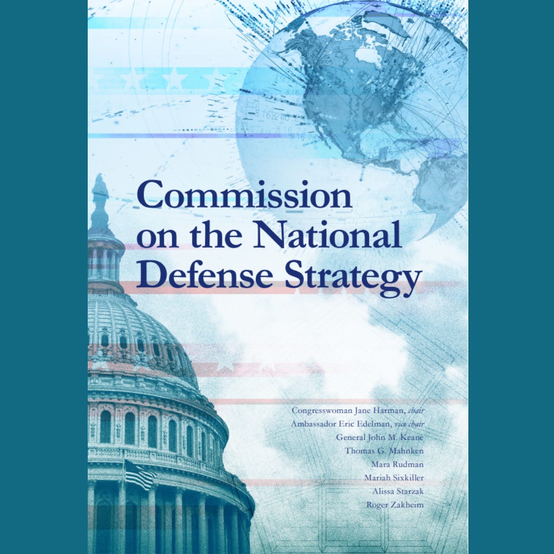 The image is the cover o the 2024 Commission on the National Defense Strategy. It' s a picture of clouds with a light blue tint with the U.S. Capital in the bottom left and a map of the globe centered on North America near the top right.