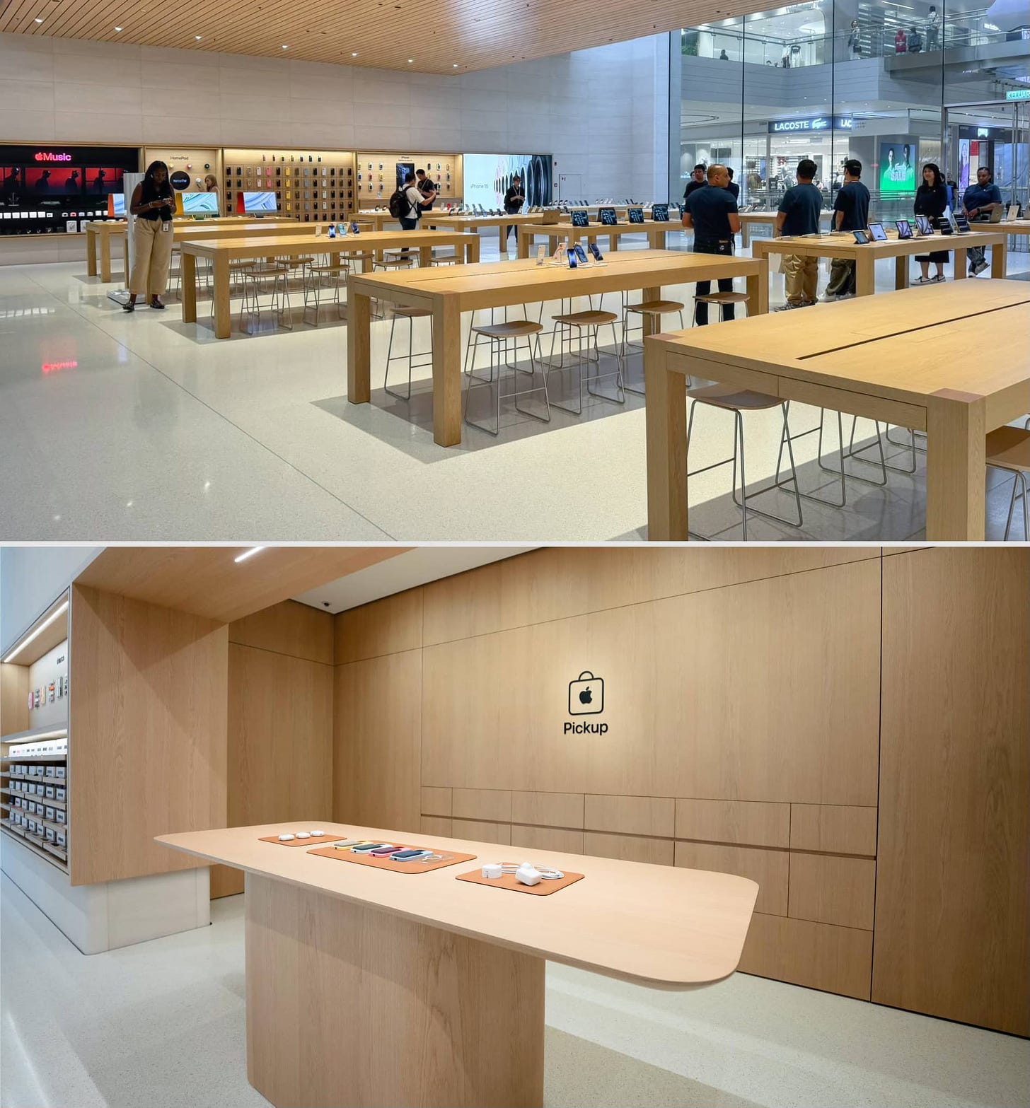 A collage of two photos showing level 1 at Apple The Exchange TRX and the dedicated Apple Pickup counter, which is built into the Avenues.