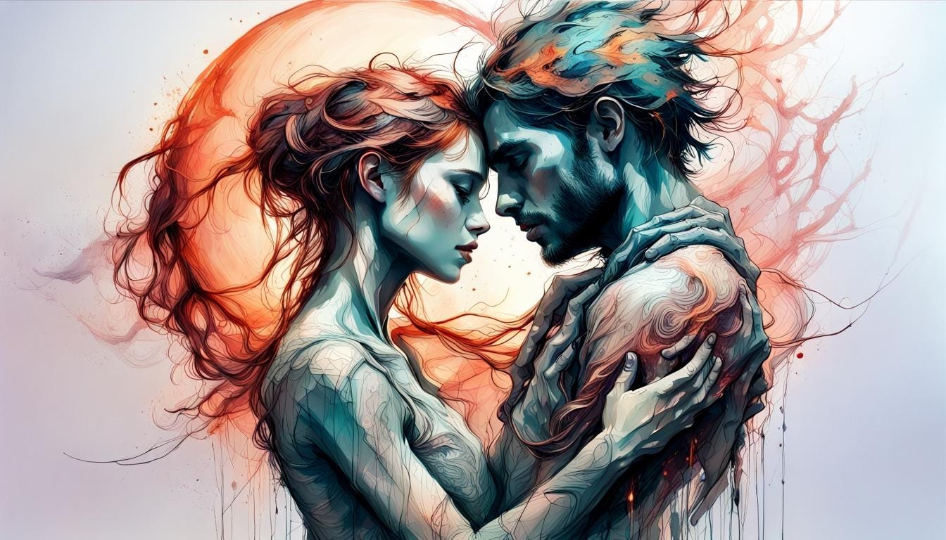 two lovers embracing, splash art