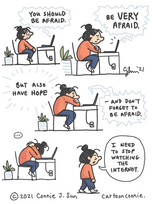 Be Afraid Internet sketchbook cartoon about media diet and how the internet keeps feeding us endless reasons to be afraid, comic strip, illustration, humor, by Connie Sun, cartoonconnie