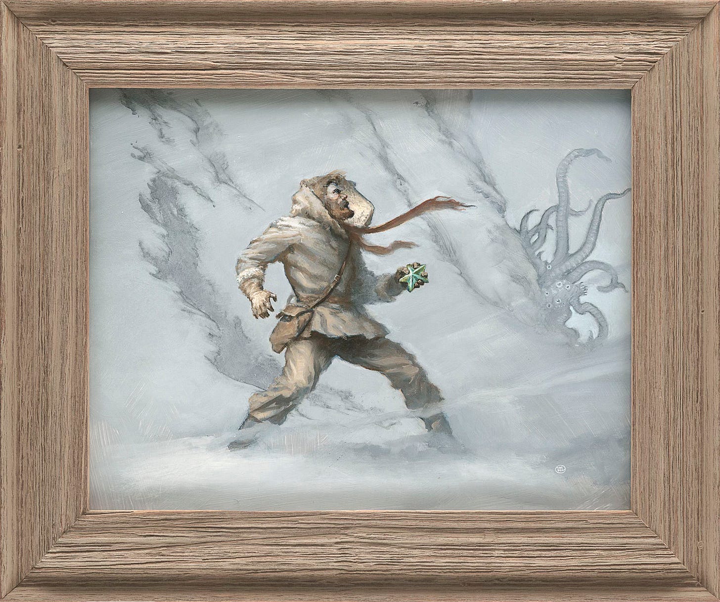 BLIZZARD OF FEAR (2018), Oil on Board - 11” x 14”, Custom framed in gray/brown rustic wood moulding.  A bearded man in polar gear grips a five-pointed star as he turns in surprise with his russet colored scarf whipping near horizontal, caught by chill Antarctic wind. Drifts blow at his feet, defining a line of white. His stance is set wide suggesting pivoting movement. A side satchel is strapped across his chest, tying together the colors of scarf, leather, and beard. Emerging at the edge of the snow covered mountain is a Shoggoth, a tentacled monstrosity with a myriad of eyes clustered in the knot of flesh that is the center of its mass.