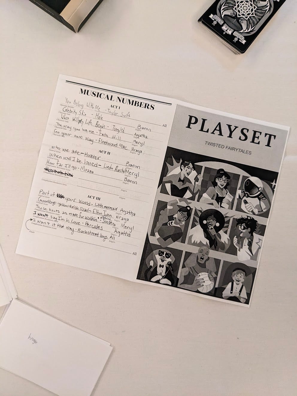 A black and white printout of the Twisted Fairytales Jukebox playset, including a song list of every song the players sang during the game.
