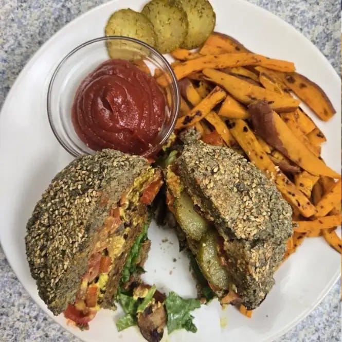 Whole Food Vegan SOS-Free Black Bean Burger with Homemade Dill Pickles