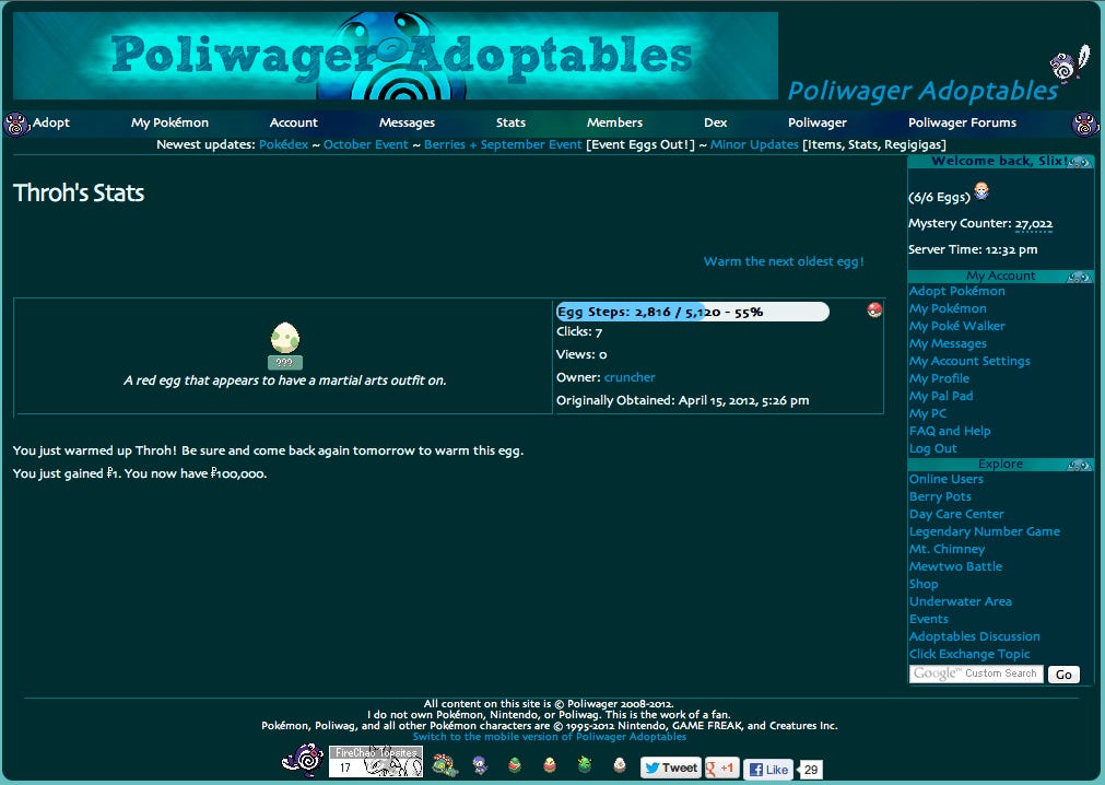 The Poliwager adoptables page from October 2012