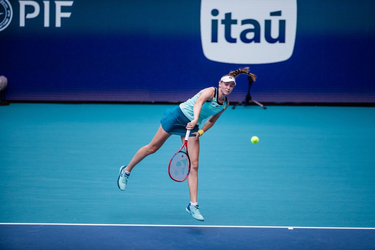 Elena Rybakina, serving, in Miami 2024 Elena Rybakina, serving, in Miami 2024