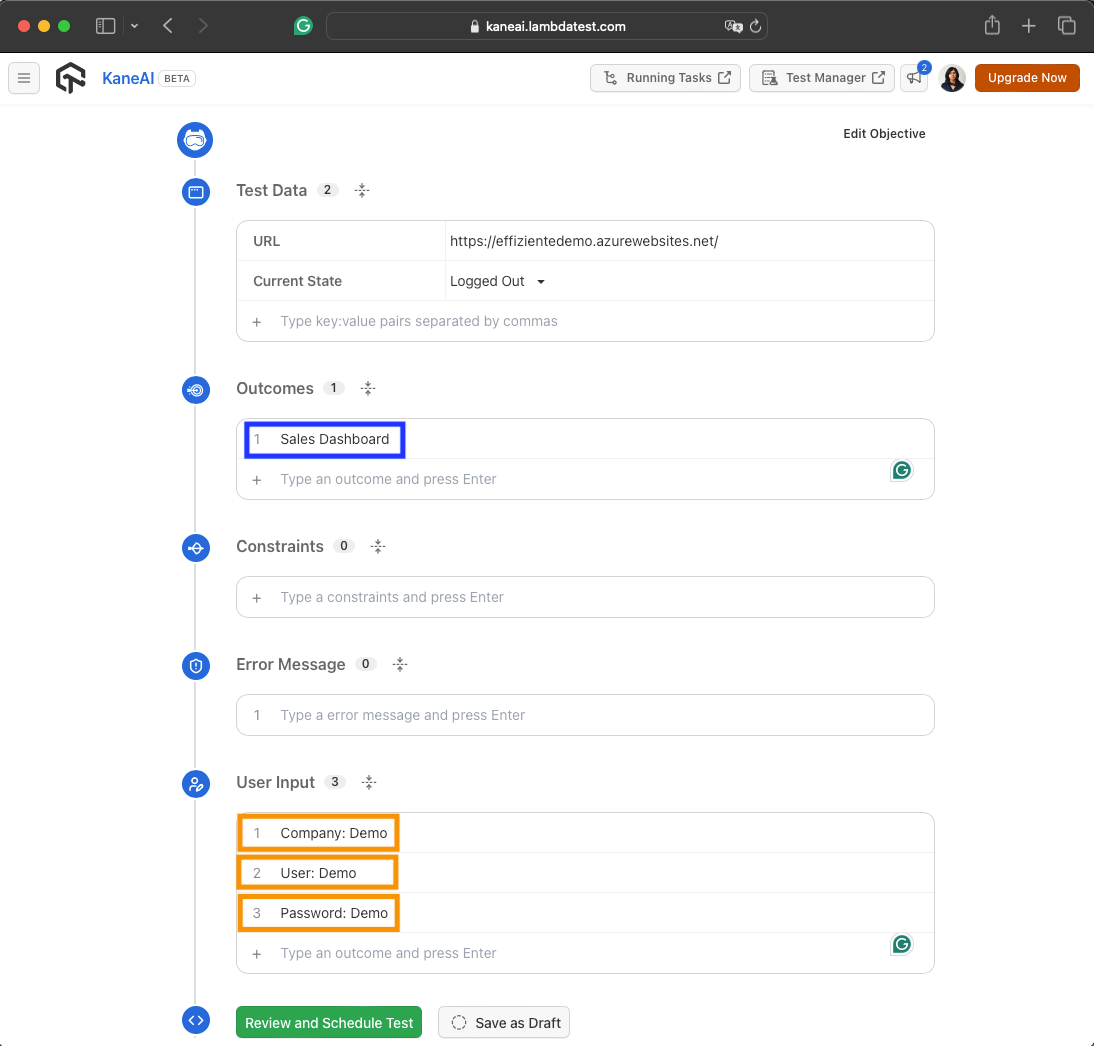 Data needed for testing, Url, Outcomes, Constraint, Error Message, User Input