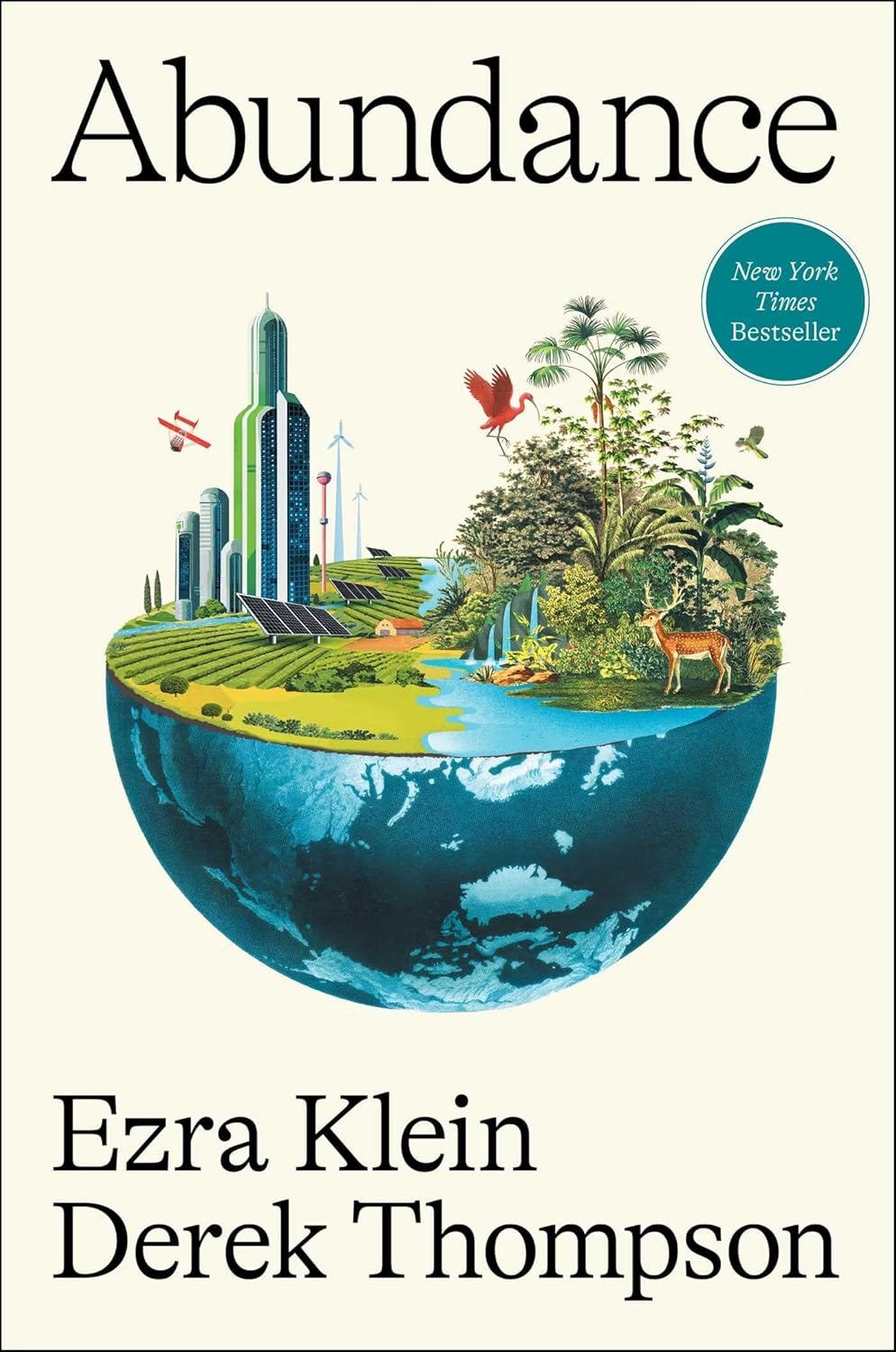 Cover image of Abundance, the book by Ezra Klein and Derek Thompson, picturing a utopian Earth.