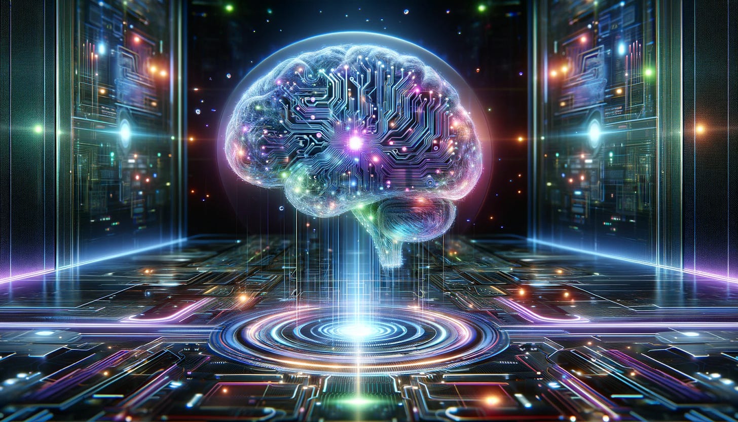 A futuristic 4K widescreen image representing artificial intelligence. The scene includes a high-tech, digital environment with glowing neon circuits, holographic data streams, and abstract representations of neural networks. In the center, a large, luminous, digital brain symbolizes the core of AI, surrounded by floating codes and algorithms. The overall tone is sleek and modern, with a color palette dominated by shades of blue, green, and purple, evoking a sense of advanced technology and intelligence.