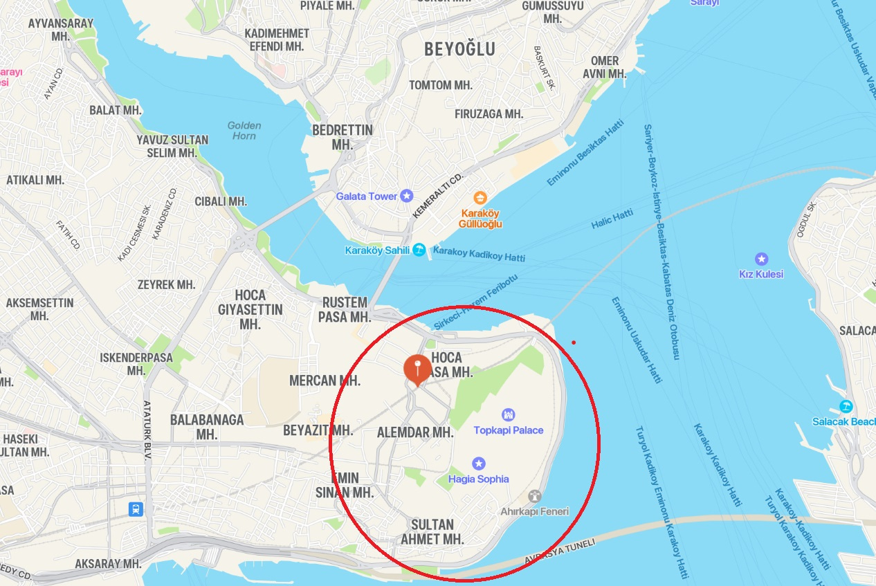 Map showing the exact location of Sultanahmet