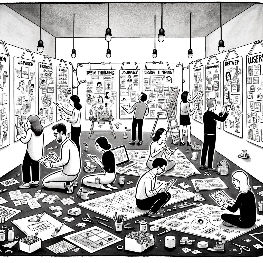 A black and white cartoon in the style of The New Yorker, depicting a design thinking workshop. The scene features six founders engaged in a scrapbooking activity, surrounded by large canvas boards. These boards are filled with various elements of design thinking processes like user personas, journey maps, and brainstorming notes. The founders should be shown actively cutting, pasting, and arranging materials on the canvases, displaying a mix of concentration and creativity. The environment should be lively and collaborative, with tools like scissors, glue, markers, and paper scraps scattered around. The cartoon should capture the essence of innovation and teamwork in a startup environment, with a sophisticated yet playful feel, and no text or captions.