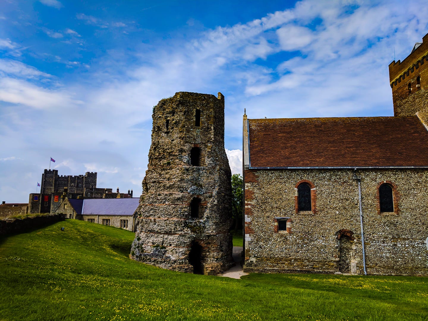 The Roman pharos and St. Mary-in-Castro with Dover Castle in the distance. The Roman pharos and St. Mary-in-Castro with Dover Castle in the distance.