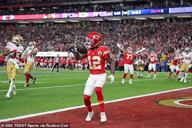 Patrick Mahomes explains 'funny' reason why Mecole Hardman Jnr didn't  initially celebrate his overtime Super Bowl LVIII-winning touchdown for  Kansas City Chiefs against San Francisco 49ers | Daily Mail Online