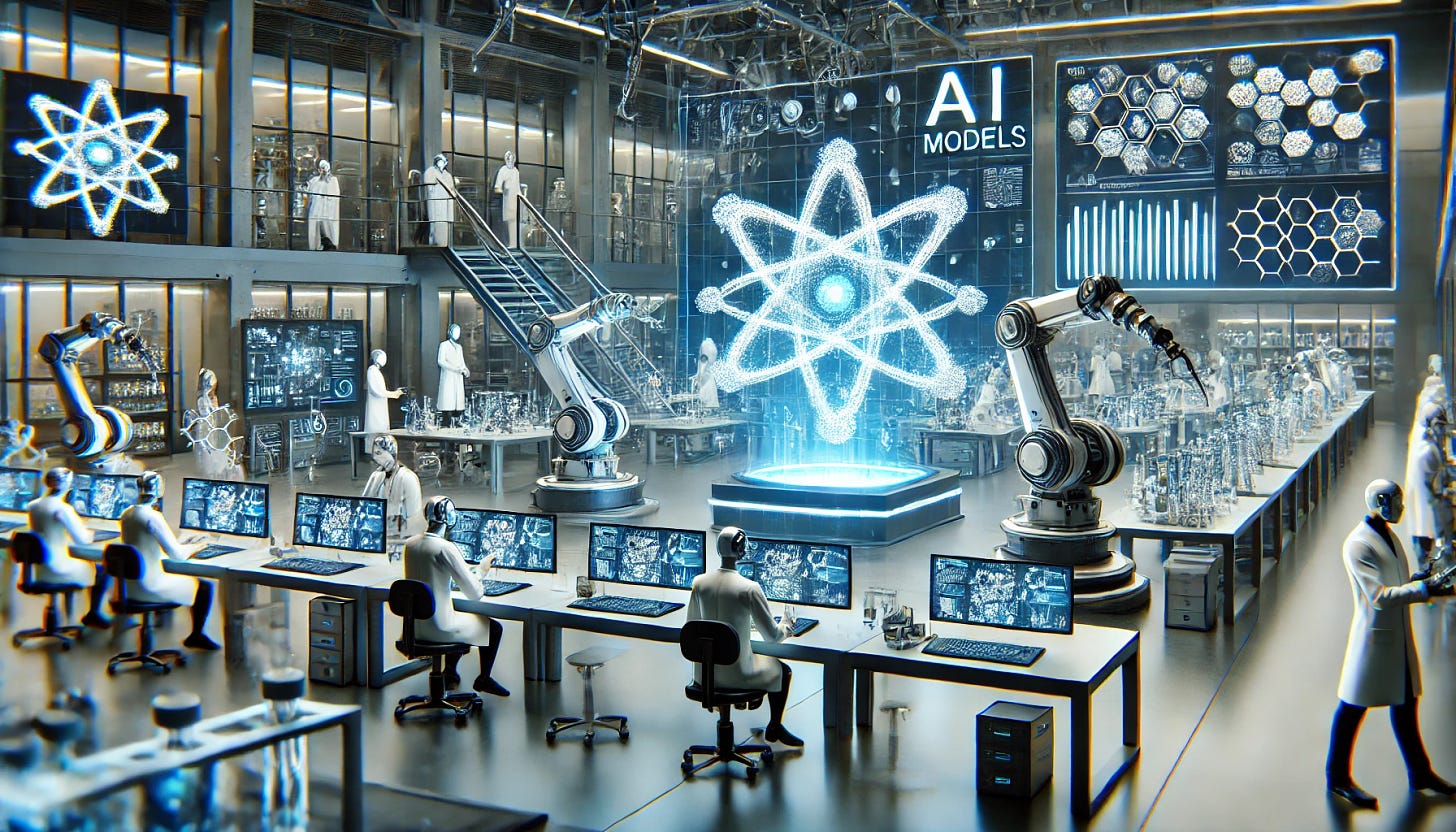 A futuristic laboratory scene showcasing advanced AI models and lab automation in the process of creating new materials. The lab is filled with high-tech equipment, robotic arms working with precision, and computer screens displaying complex molecular structures. The background features scientists in lab coats monitoring the experiments. The atmosphere is innovative and cutting-edge, with a focus on technology and scientific discovery. The setting should be modern with a sleek design, highlighting the integration of artificial intelligence in material science research.