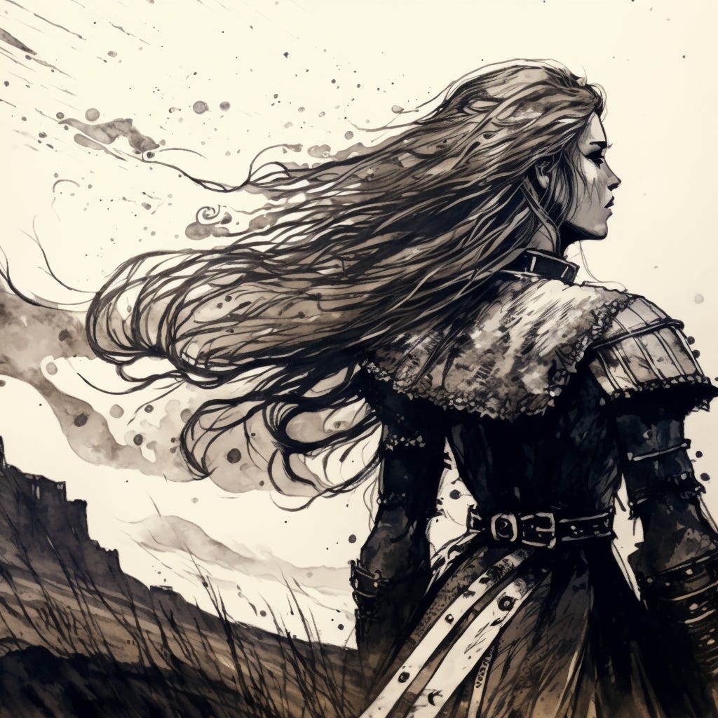 A stern woman dressed in heavy armor gazes into the distance, her hair blowing in the wind.