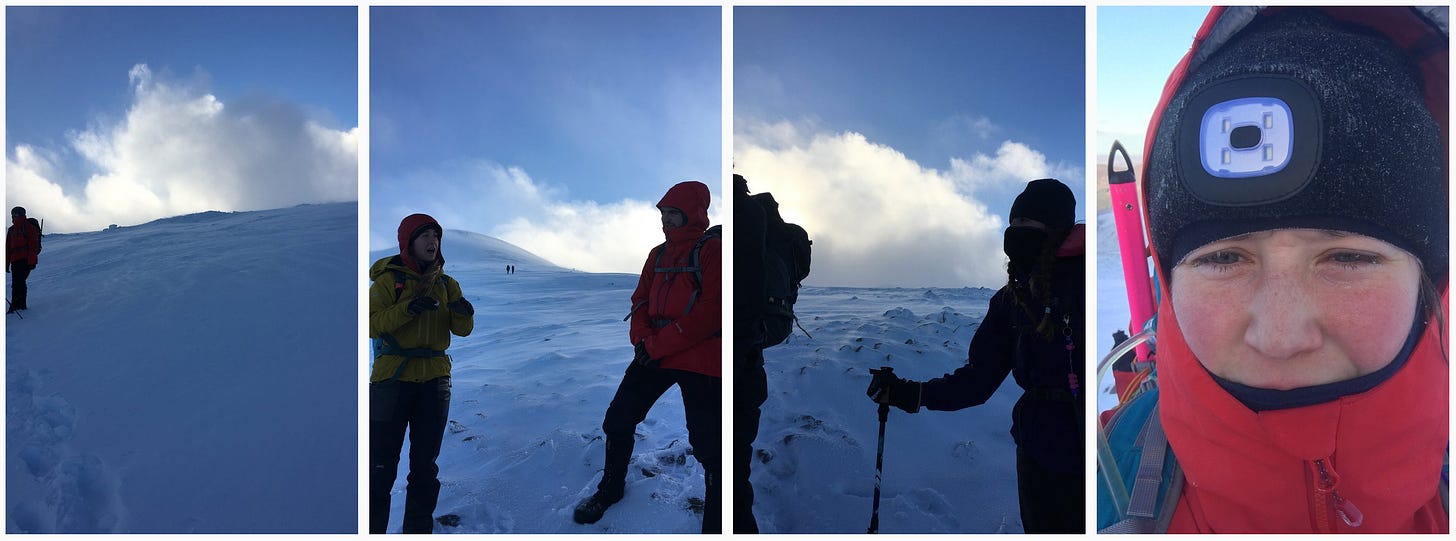 Images: 1. Looking up to the Fiacaill a’ Choire Cas ridge where the wind is causing spindrifts, but B stands strong; 2. Alice and B have some chat, with some other hikers in the distance heading up to the plateau; 3. Other B balaclava’ed up; 4. Another selfie of contentedness, but perhaps more windburnt that the hour previous.